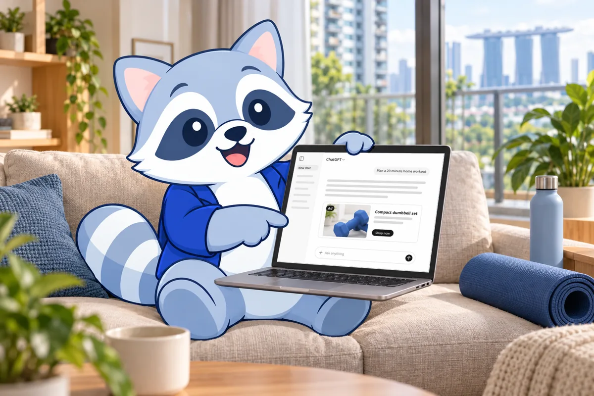 Rocky on a sofa pointing at a sponsored ad shown below a ChatGPT answer on his laptop