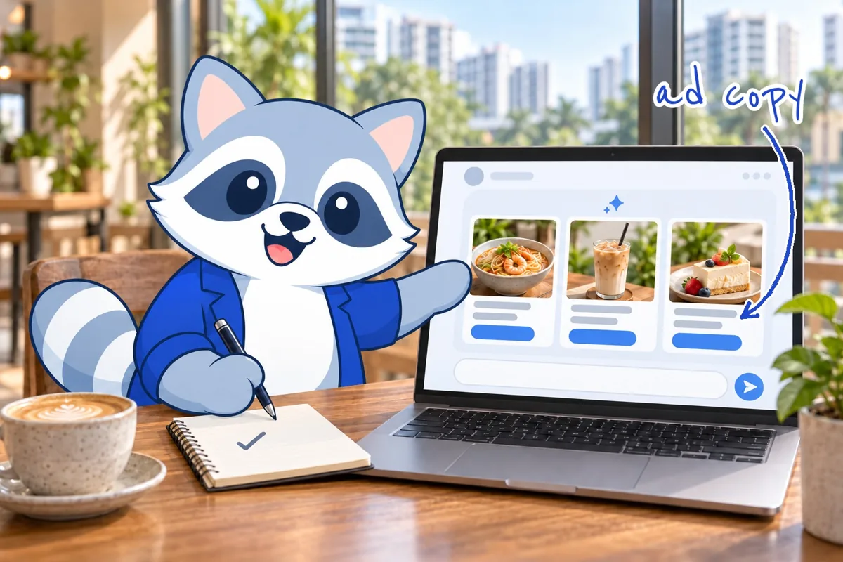 Rocky at a cafe table pointing at three ad drafts written by ChatGPT on his laptop, with the ad copy labelled