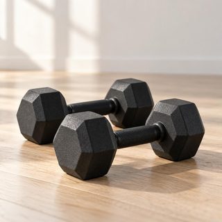 Black dumbbells featured in an illustrative ChatGPT advertisement for home workout equipment.