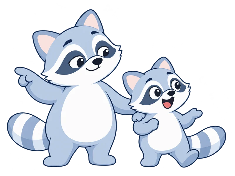 Two raccoon mascots, one guiding the other