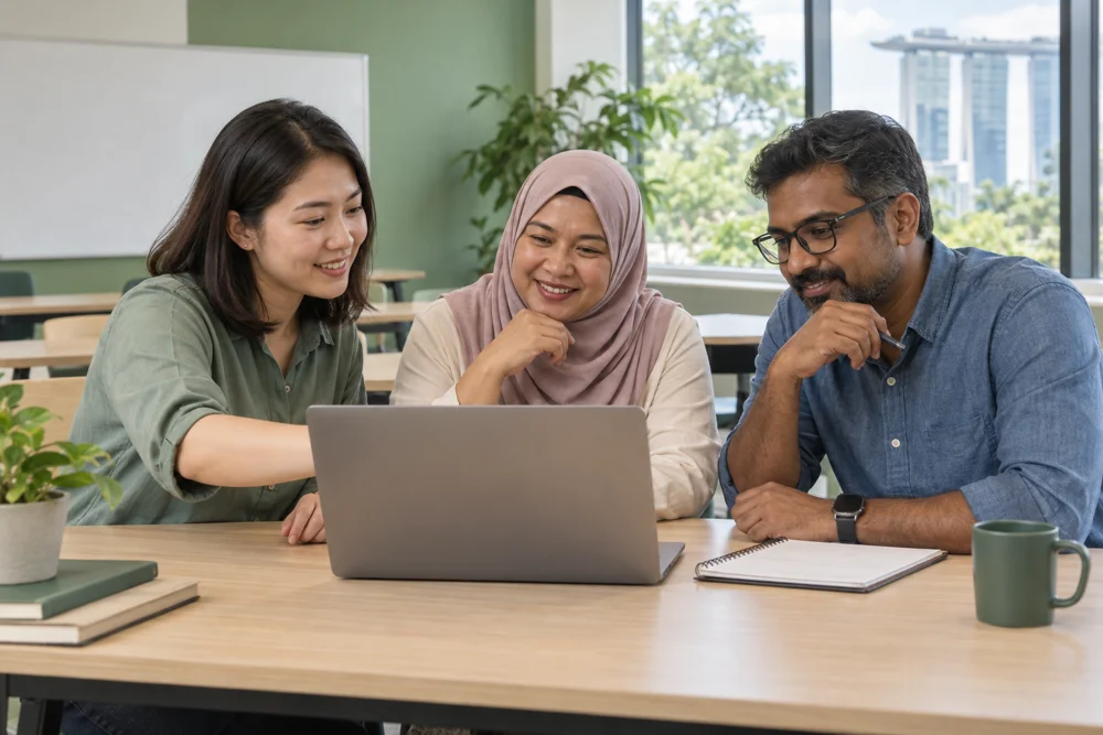 Illustrative Singapore adult-learning scene for education businesses exploring ChatGPT ads.