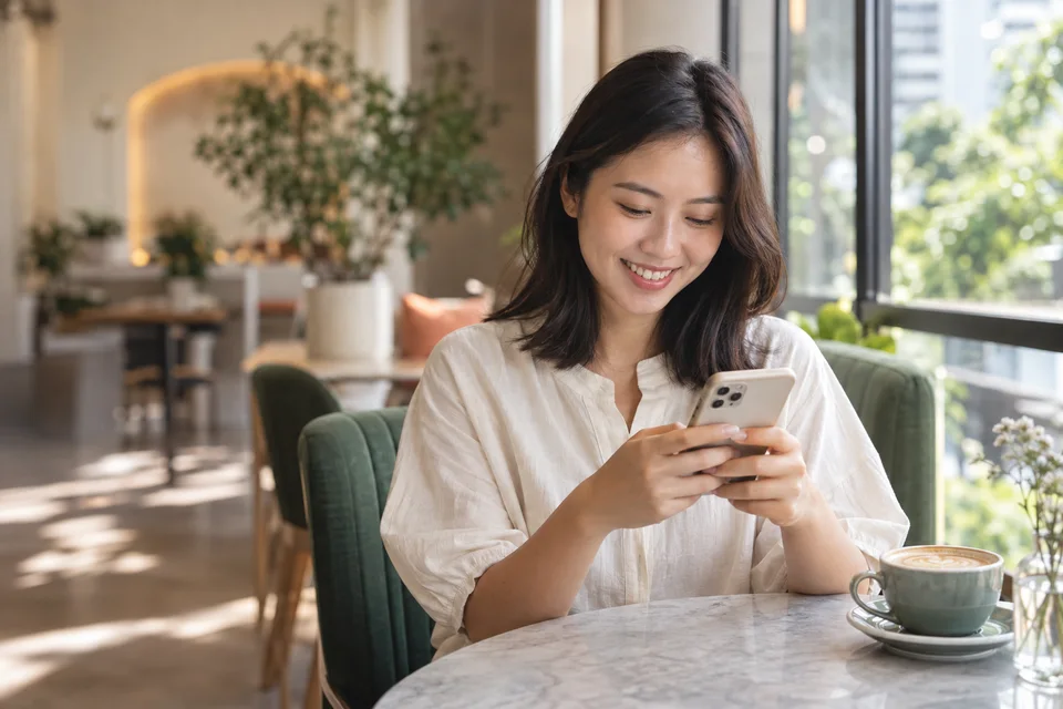 Illustrative scene of a Singaporean woman smiling while browsing on her phone
